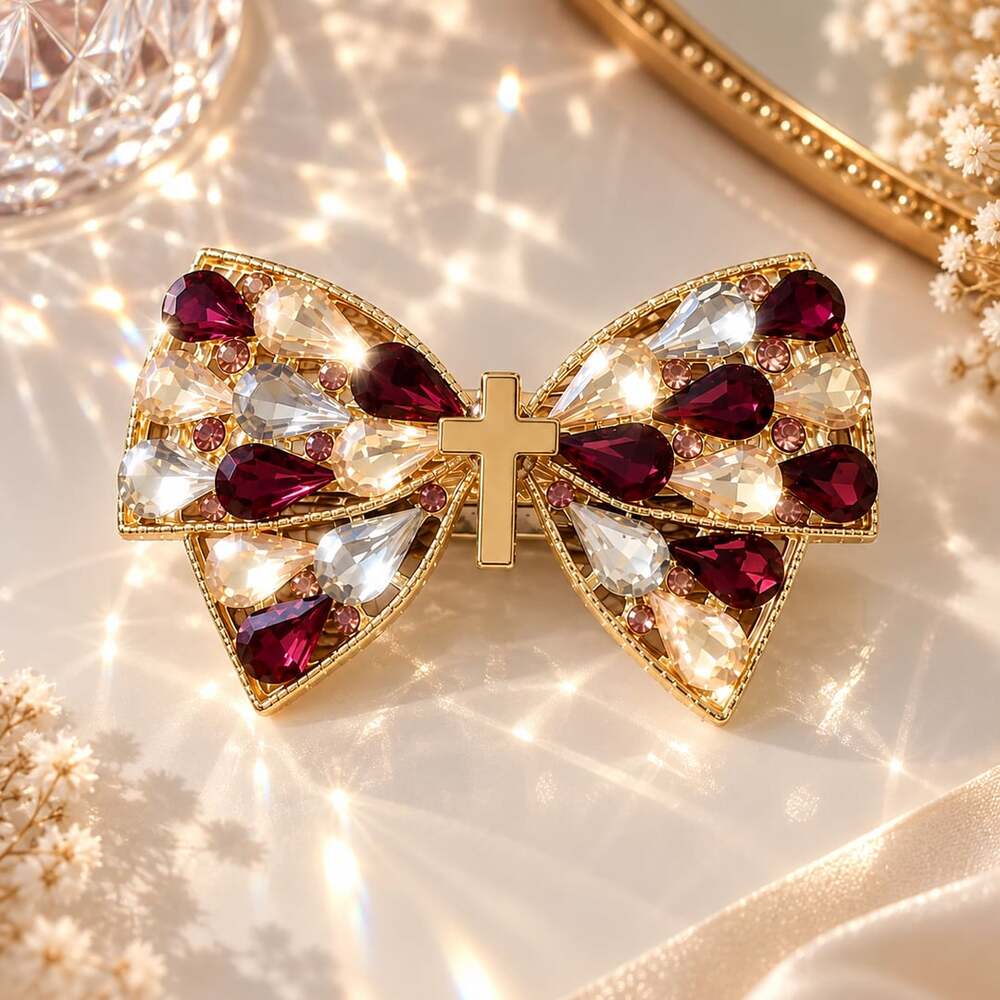 Coquette Rhinestone Crystal Bow Hair Clip Gold Cross Statement Barrette